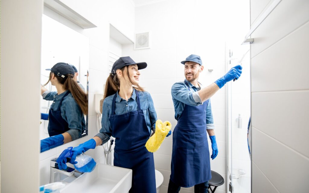 2 maid cleaning the bathroom for bathroom cleaning checklist